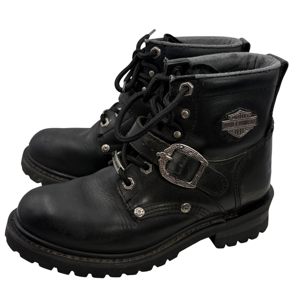 Harley Davidson Leather Combat Boots Womens 6.5 Black Biker Moto Buckle Grunge